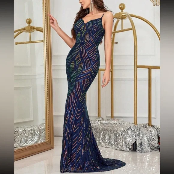 Luxe slit thigh mermaid hem party formal sequins dress